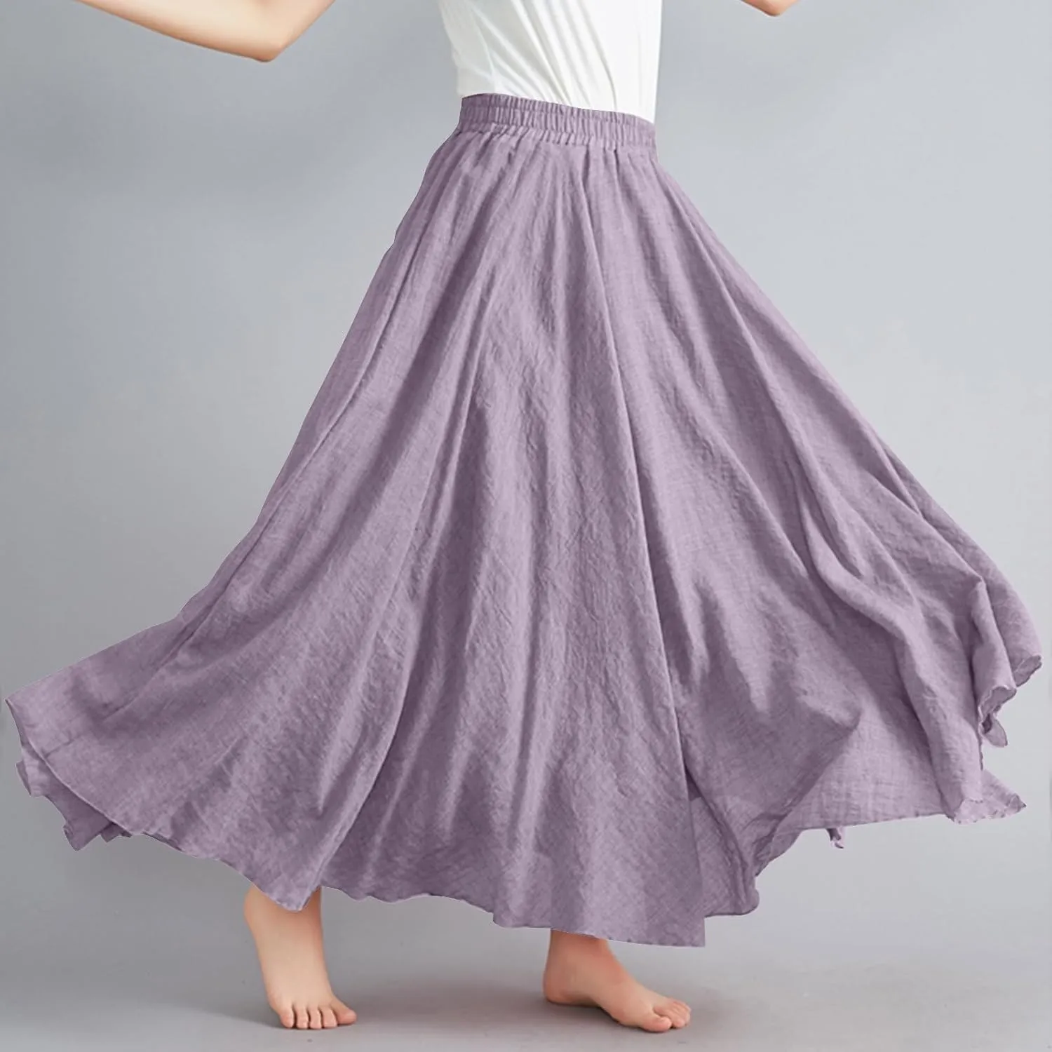 Linen Maxi Skirts for Women Flowy Swing A-Line Skirt Ankle Length Elastic High Waist Summer Beach Vacation Clothes