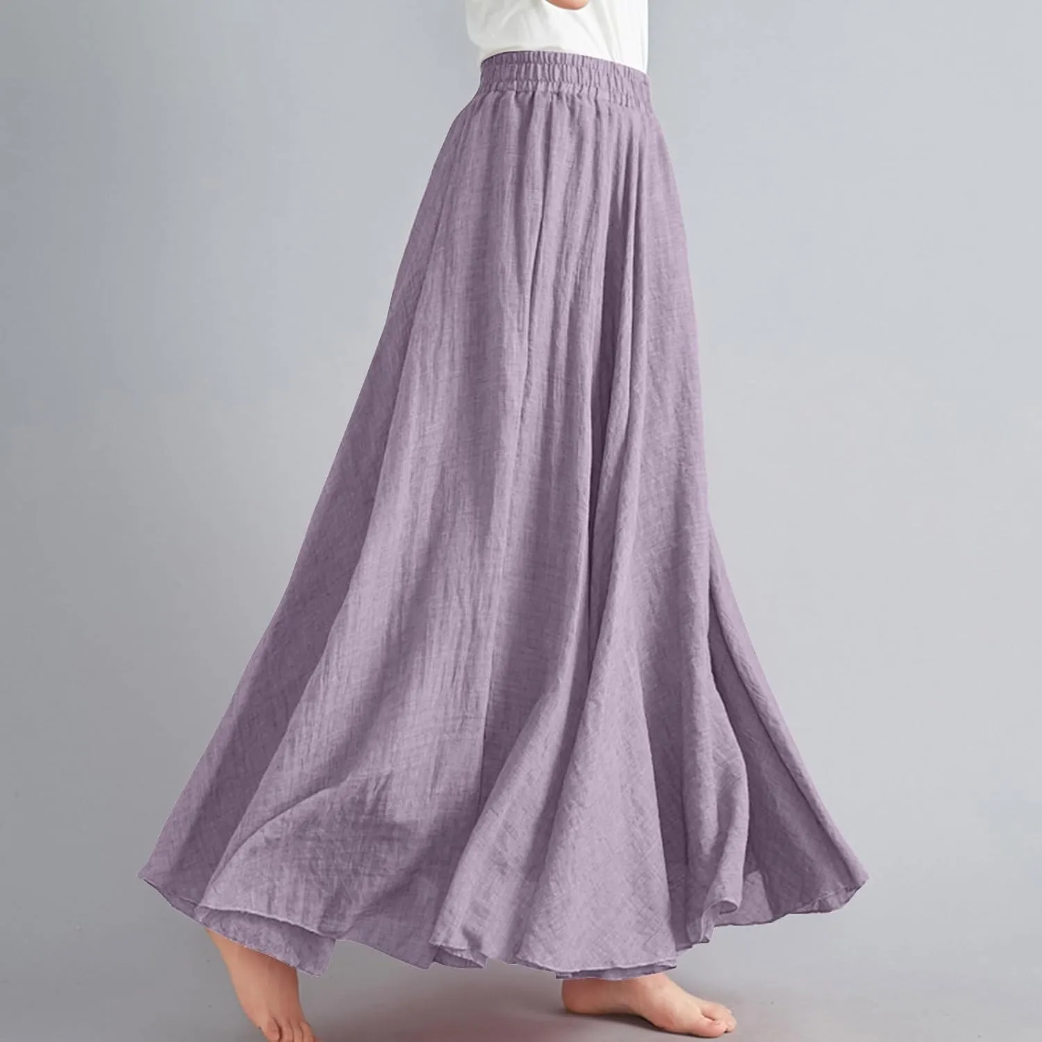 Linen Maxi Skirts for Women Flowy Swing A-Line Skirt Ankle Length Elastic High Waist Summer Beach Vacation Clothes