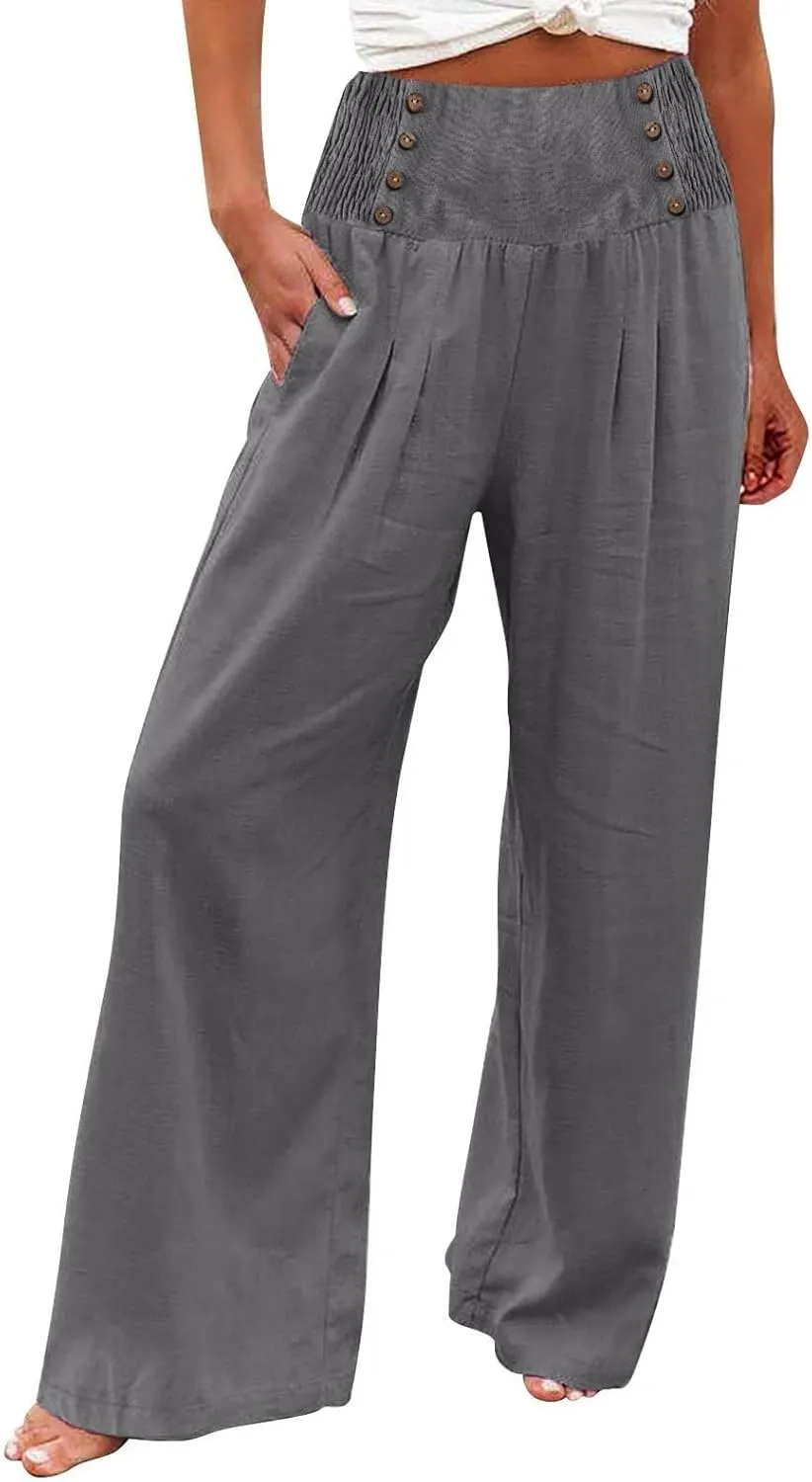 Linen Pants Women Petite Length Women Linen Pants Palazzo Lounge Harem Wide Leg Pants Beach Long Trousers Pockets