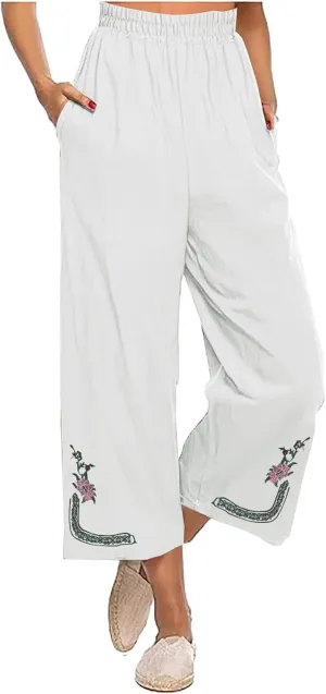 Linen Pants Women Summer Boho Floral Embroidered Pants Wide Leg Palazzo Crop Ankle Pants Comfy Lounge Trousers