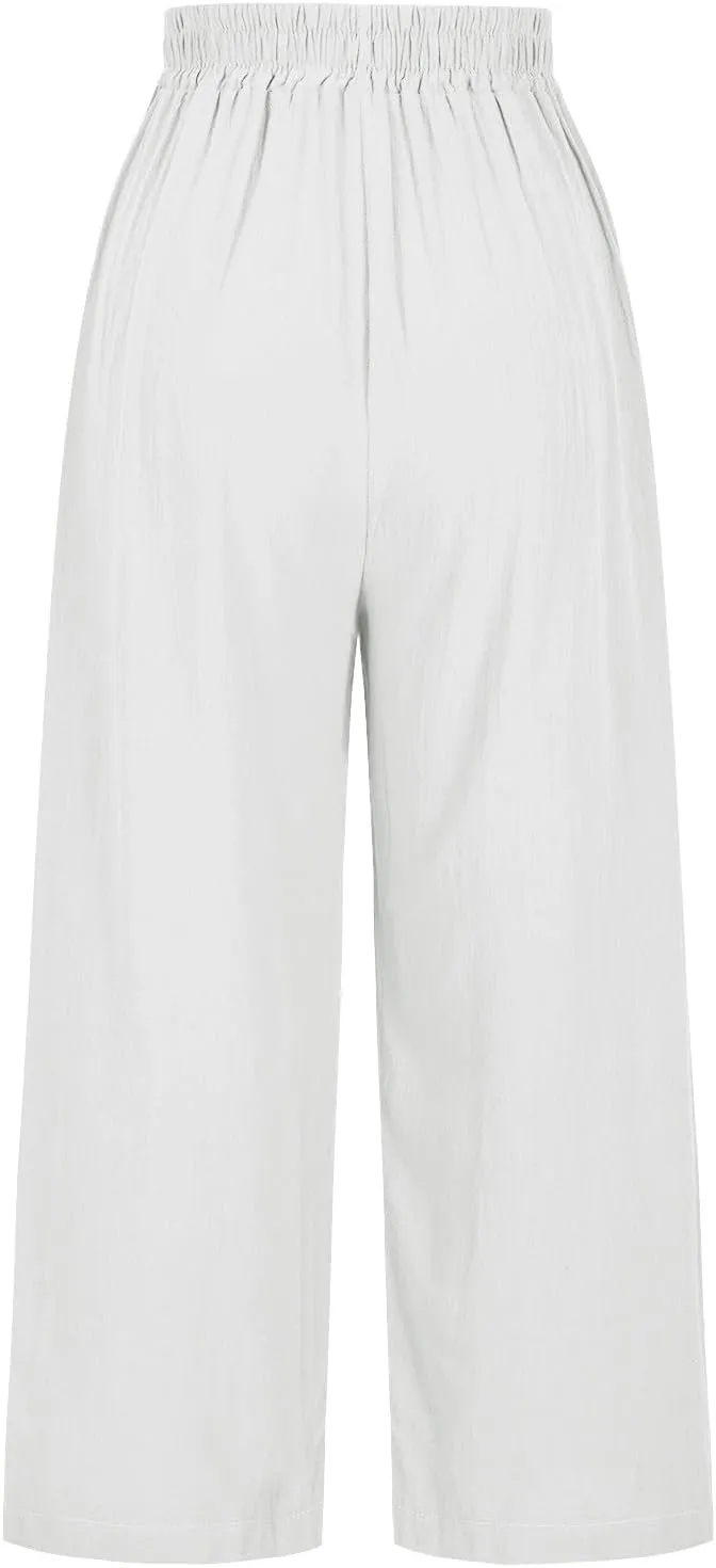 Linen Pants Women Summer Boho Floral Embroidered Pants Wide Leg Palazzo Crop Ankle Pants Comfy Lounge Trousers