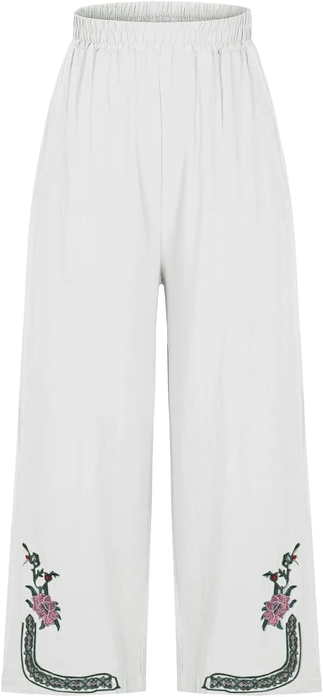 Linen Pants Women Summer Boho Floral Embroidered Pants Wide Leg Palazzo Crop Ankle Pants Comfy Lounge Trousers