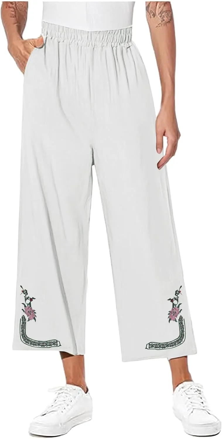Linen Pants Women Summer Boho Floral Embroidered Pants Wide Leg Palazzo Crop Ankle Pants Comfy Lounge Trousers