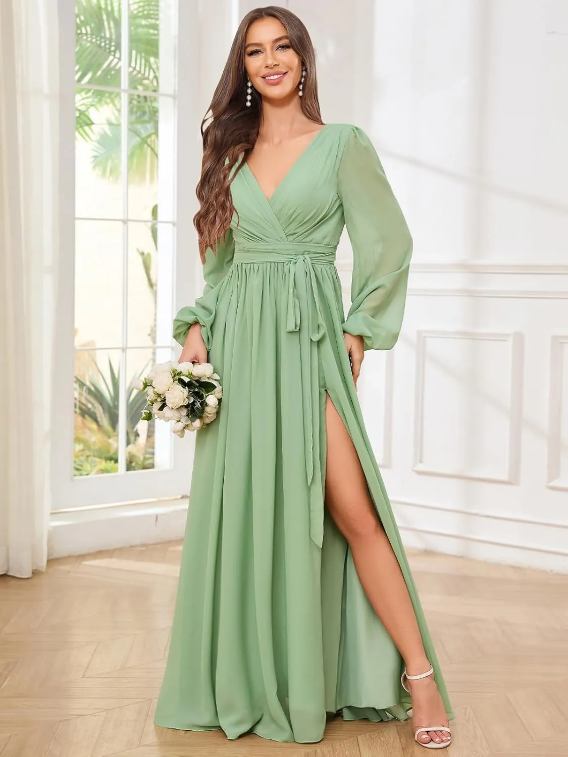 Long Chiffon Bridesmaid Dress with Sleeves A Line V Neck Modest Ruched Wedding Guest Dresses with Slit