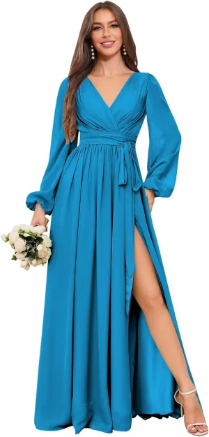 Long Chiffon Bridesmaid Dress with Sleeves A Line V Neck Modest Ruched Wedding Guest Dresses with Slit