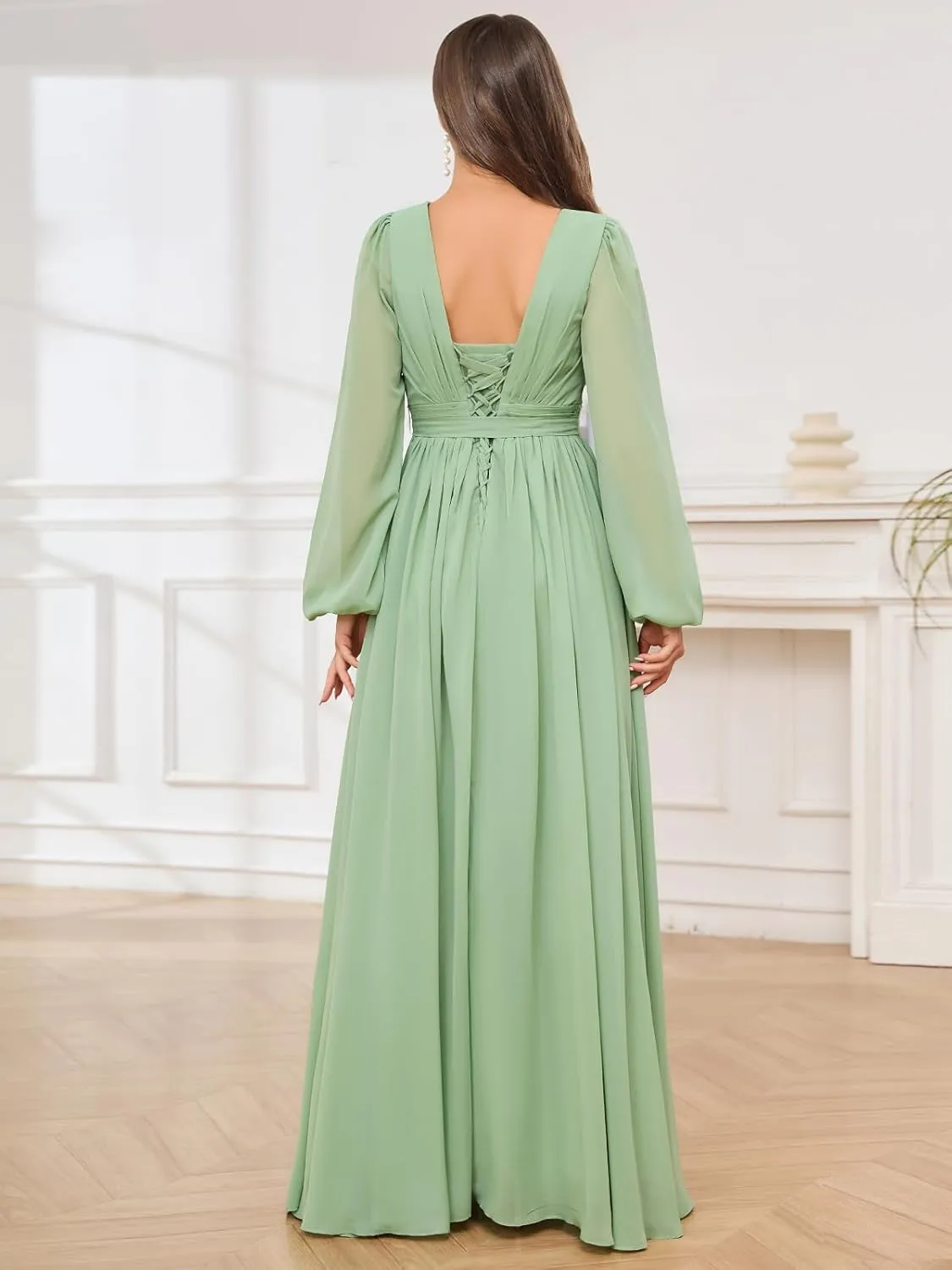 Long Chiffon Bridesmaid Dress with Sleeves A Line V Neck Modest Ruched Wedding Guest Dresses with Slit
