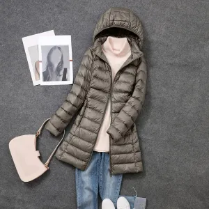 Long Down Jacket for Women Lightweight Packable Travel Puffer Hood Jackets 2023 Fall Warm Slim Fit Casual Duck Down Coat