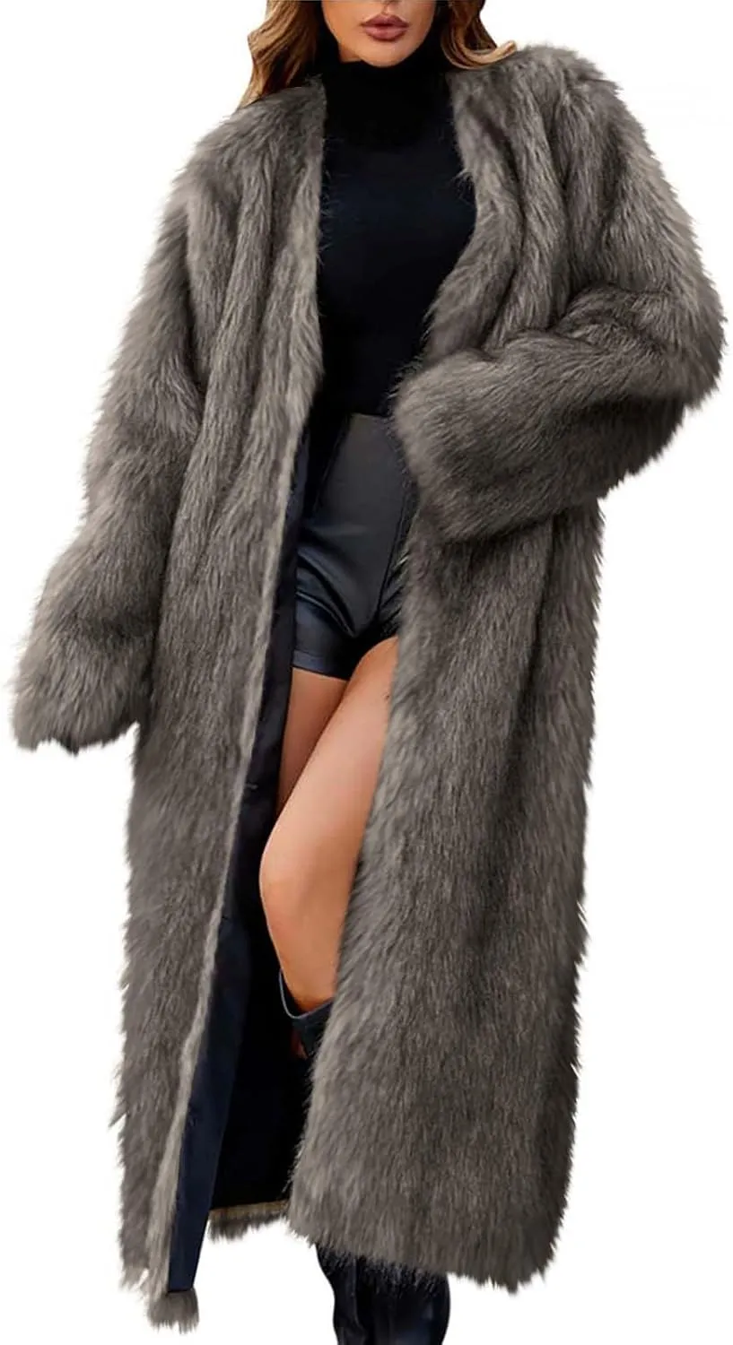 Long Faux Fur Coats for Women Open Front Cardigan Fuzzy Fleece Jacket Warm Winter Coats Fashion Outfits 2024