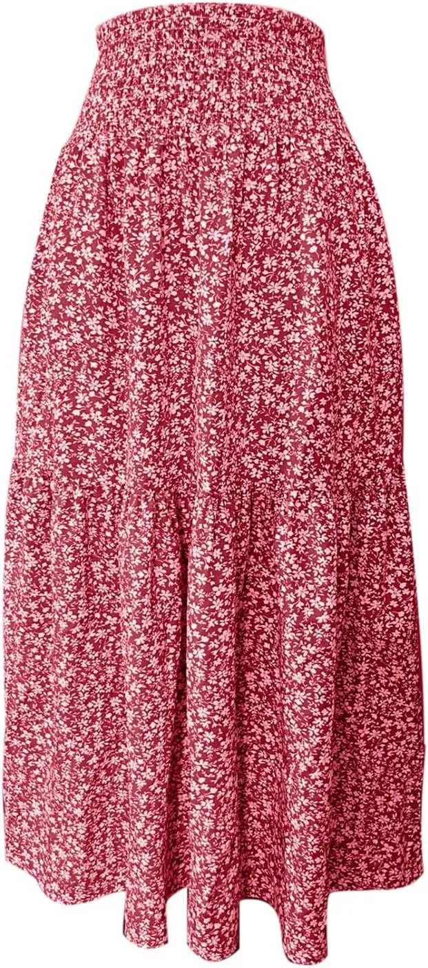 Long Flowy Skirts for Women Smocked High Waisted Floral Maxi Skirt with Pockets Boho Ruffle Tiered Beach A Line Skirt