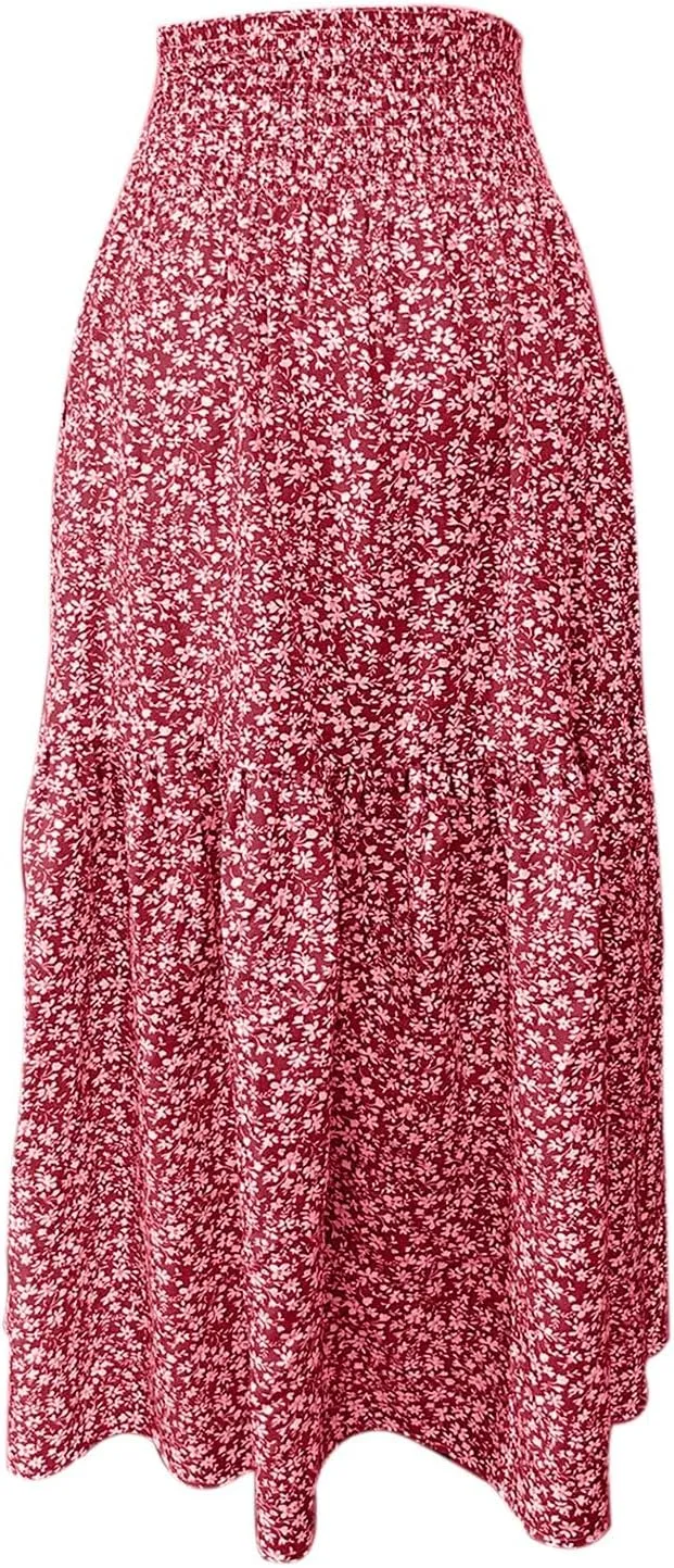 Long Flowy Skirts for Women Smocked High Waisted Floral Maxi Skirt with Pockets Boho Ruffle Tiered Beach A Line Skirt