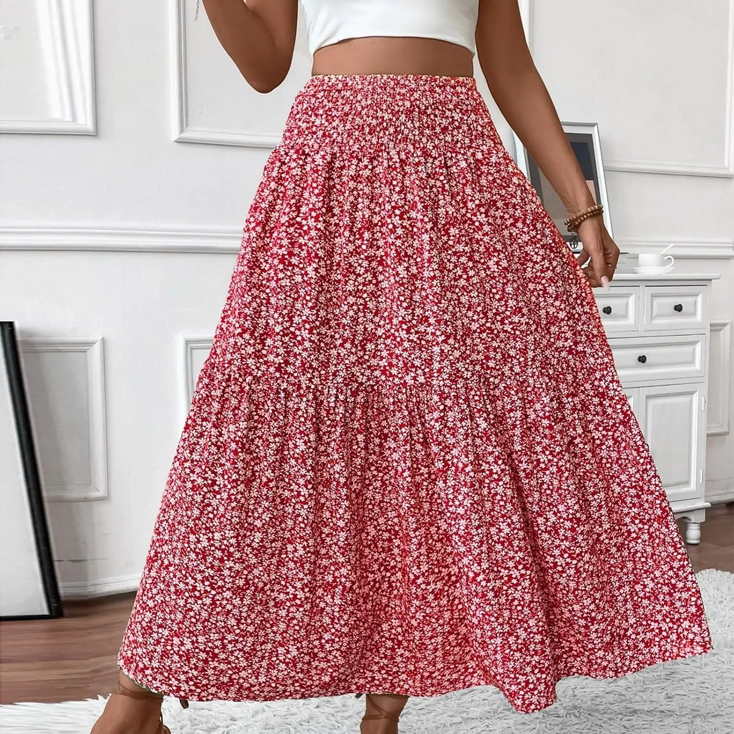 Long Flowy Skirts for Women Smocked High Waisted Floral Maxi Skirt with Pockets Boho Ruffle Tiered Beach A Line Skirt