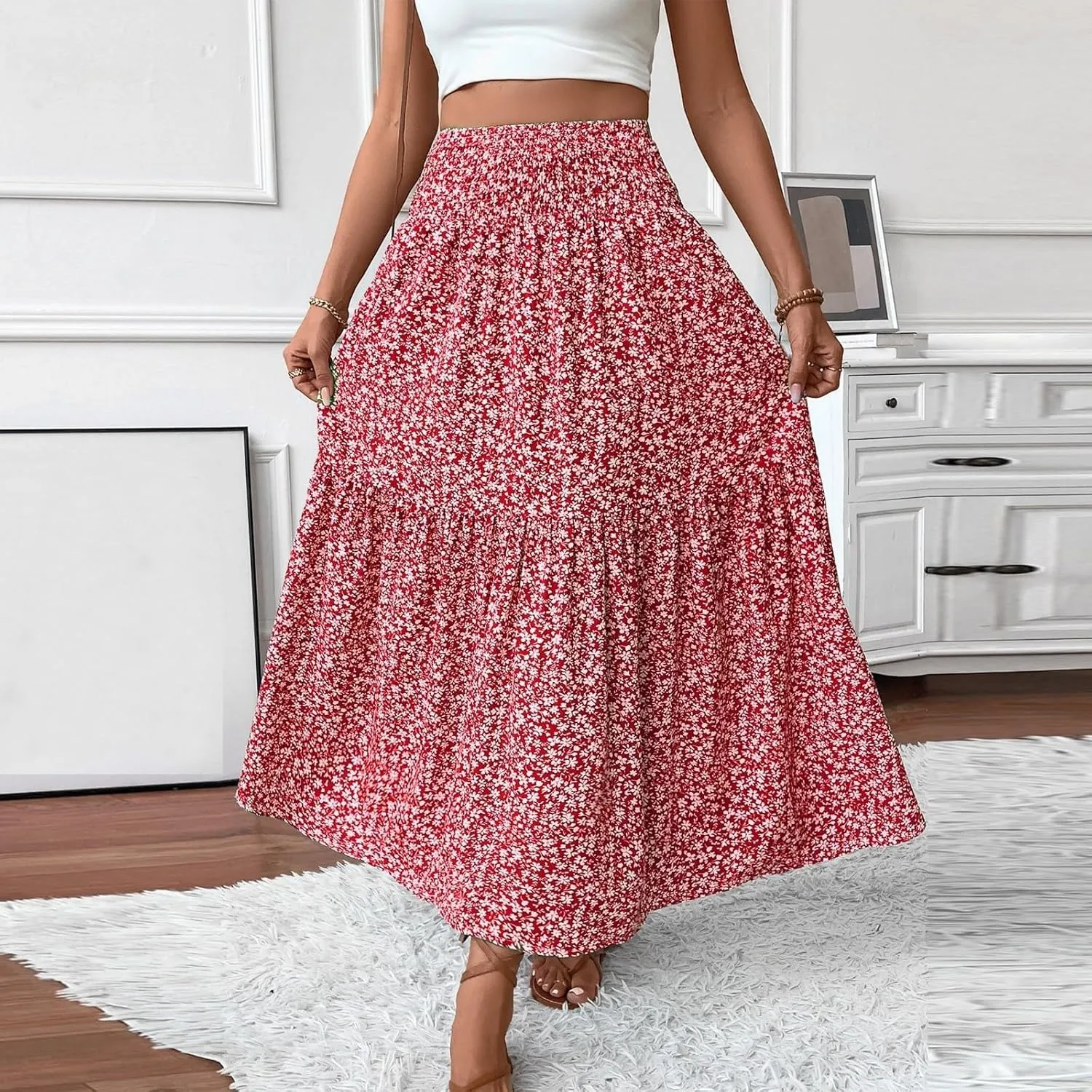 Long Flowy Skirts for Women Smocked High Waisted Floral Maxi Skirt with Pockets Boho Ruffle Tiered Beach A Line Skirt