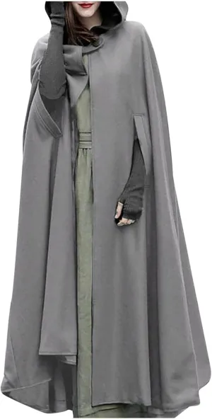 Long Hooded Cloak for Women Winter Jackets Wool Blend Pea Coats Split Fork Outerwear Long Poncho Cape Coat