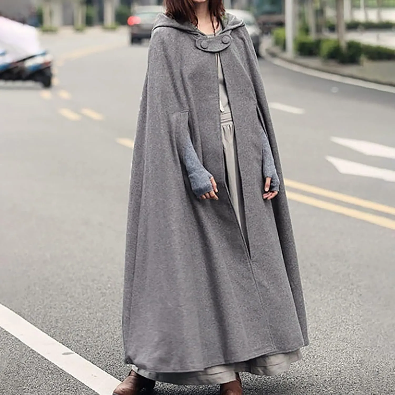 Long Hooded Cloak for Women Winter Jackets Wool Blend Pea Coats Split Fork Outerwear Long Poncho Cape Coat