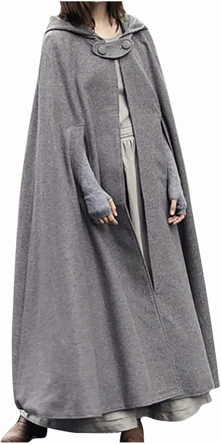 Long Hooded Cloak for Women Winter Jackets Wool Blend Pea Coats Split Fork Outerwear Long Poncho Cape Coat