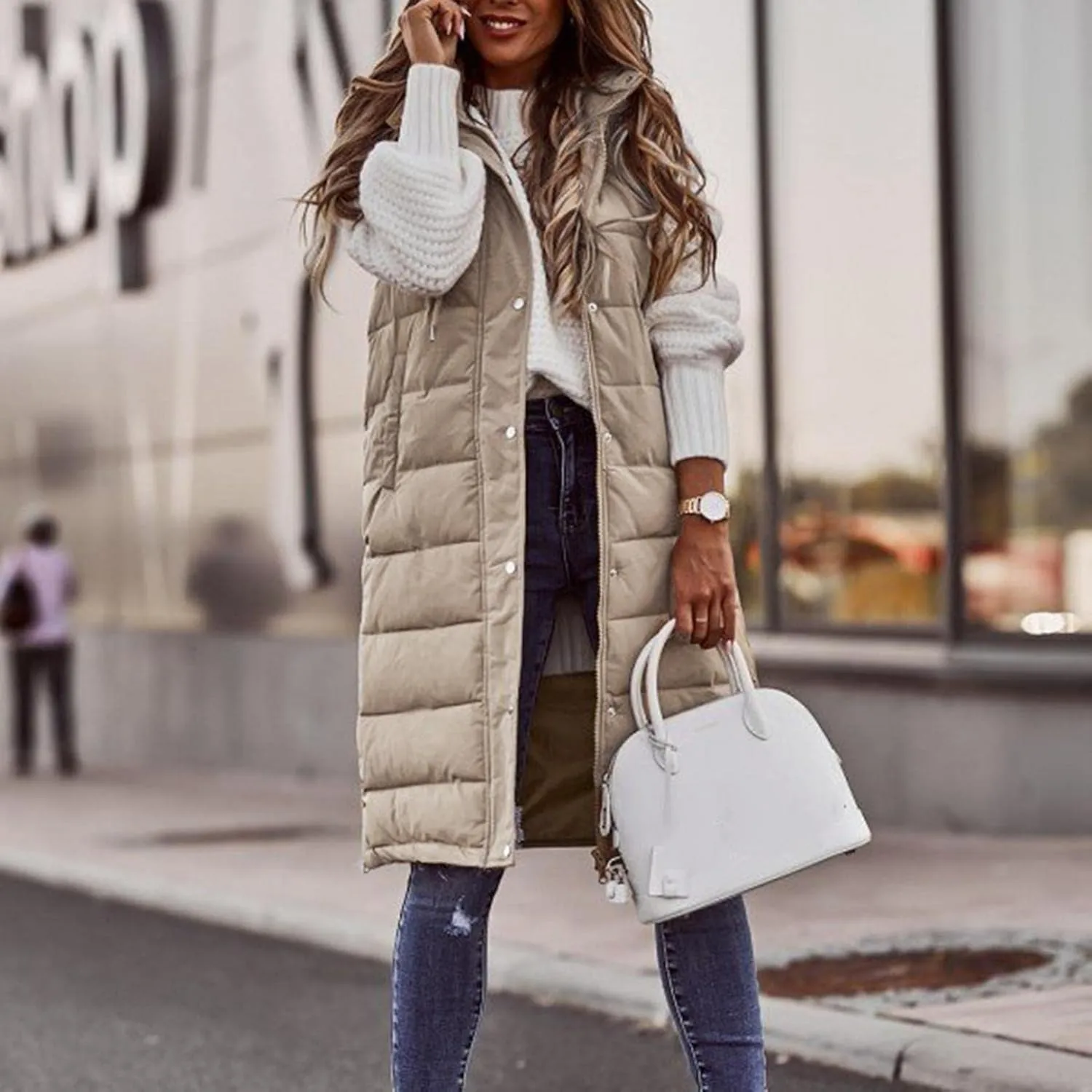 Long Puffer Vest Women Quilted Hooded Sleeveless Down Vest Outerwear Padded Jacket Fall Winter Coat with Pockets