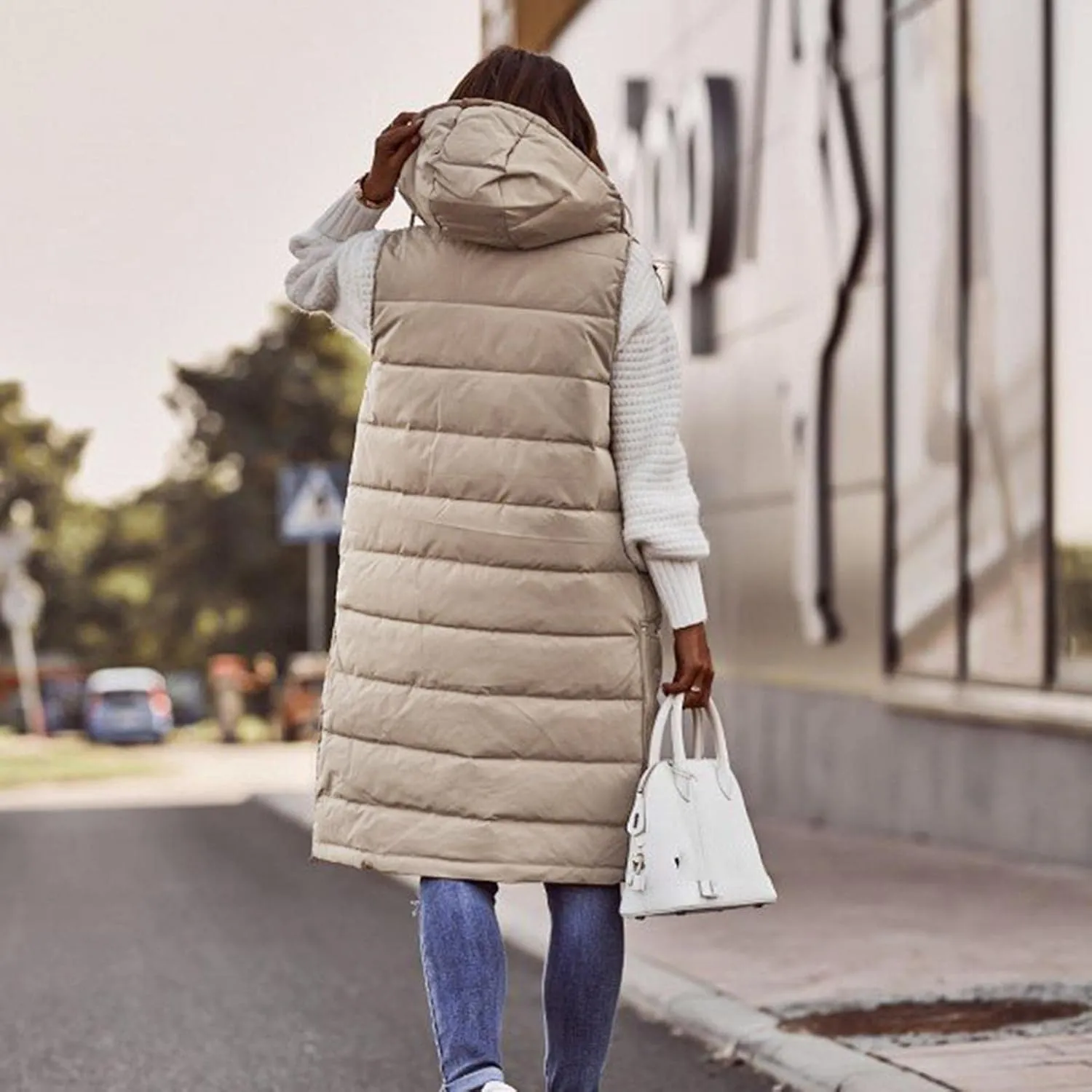 Long Puffer Vest Women Quilted Hooded Sleeveless Down Vest Outerwear Padded Jacket Fall Winter Coat with Pockets