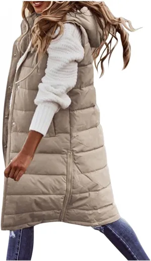 Long Puffer Vest Women Quilted Hooded Sleeveless Down Vest Outerwear Padded Jacket Fall Winter Coat with Pockets