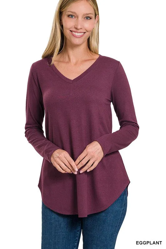 Long Sleeve V-Neck Round Hem Top - Zenana