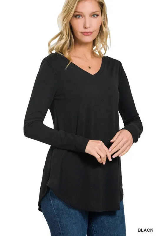Long Sleeve V-Neck Round Hem Top - Zenana
