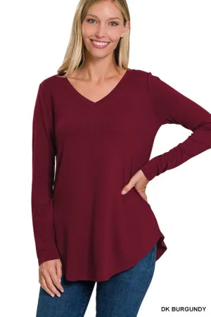 Long Sleeve V-Neck Round Hem Top - Zenana