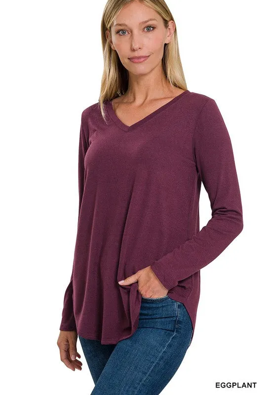 Long Sleeve V-Neck Round Hem Top - Zenana