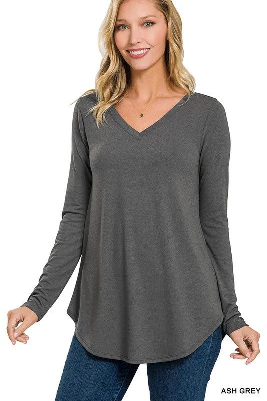 Long Sleeve V-Neck Round Hem Top - Zenana