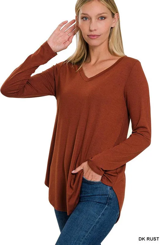 Long Sleeve V-Neck Round Hem Top - Zenana