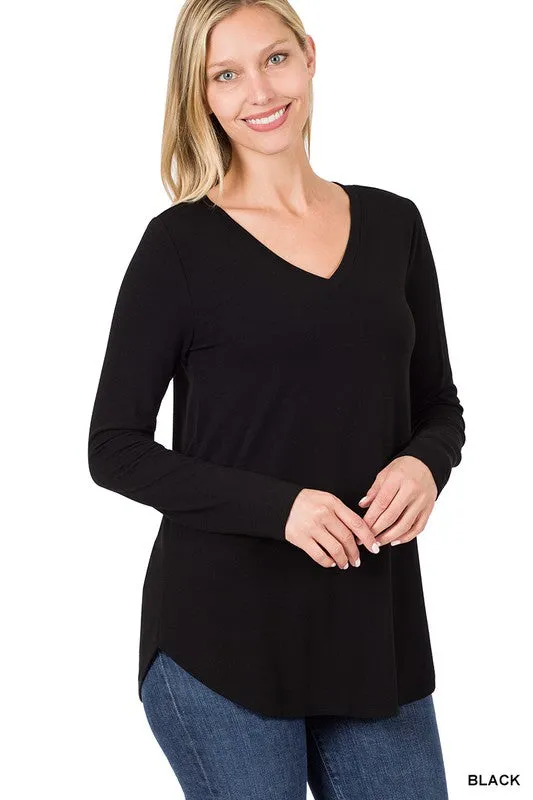 Long Sleeve V-Neck Round Hem Top - Zenana