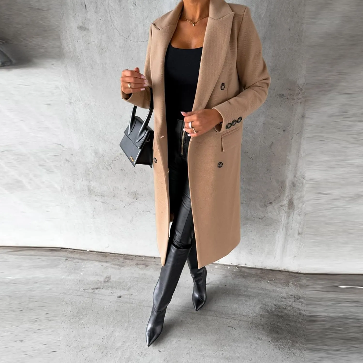 Long Trench Coat for Women Casual Double Breasted Midi Long Wool Pea Coat Notch Lapel Winter Trench Coat