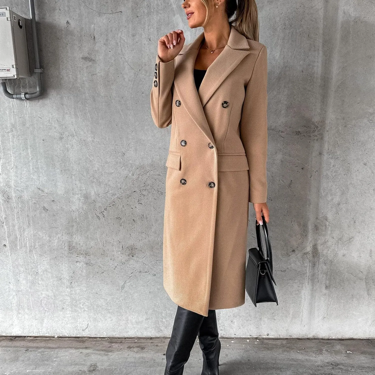 Long Trench Coat for Women Casual Double Breasted Midi Long Wool Pea Coat Notch Lapel Winter Trench Coat