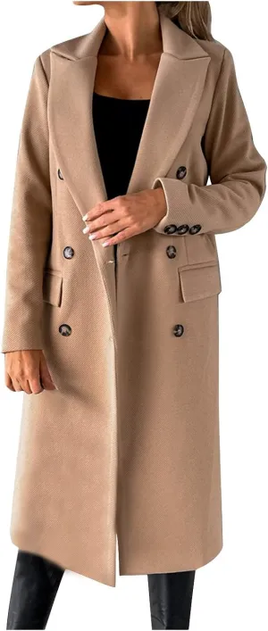Long Trench Coat for Women Casual Double Breasted Midi Long Wool Pea Coat Notch Lapel Winter Trench Coat