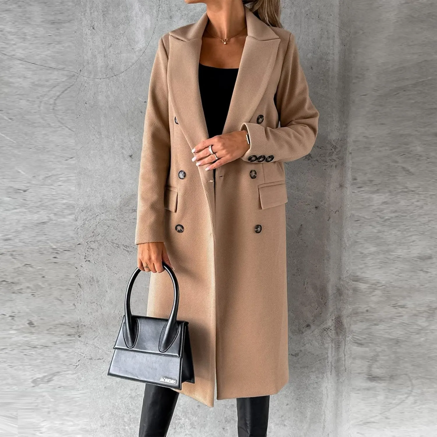 Long Trench Coat for Women Casual Double Breasted Midi Long Wool Pea Coat Notch Lapel Winter Trench Coat