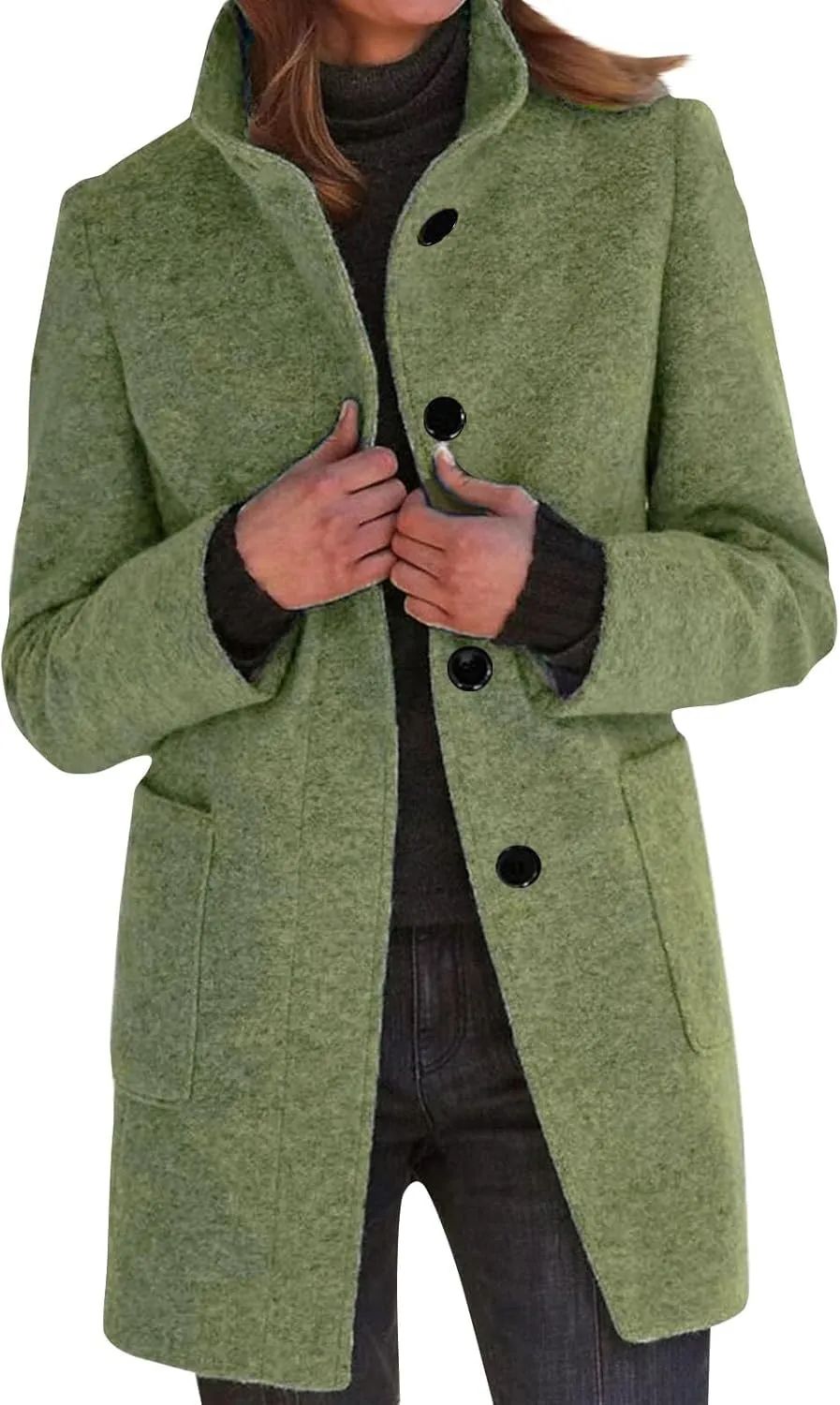 Long Wool Coats Women Thicken Wool Blend Stand Collar Single Breasted Pea Jacket Cute Winter Peacoat