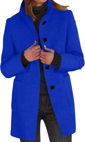 Long Wool Coats Women Thicken Wool Blend Stand Collar Single Breasted Pea Jacket Cute Winter Peacoat