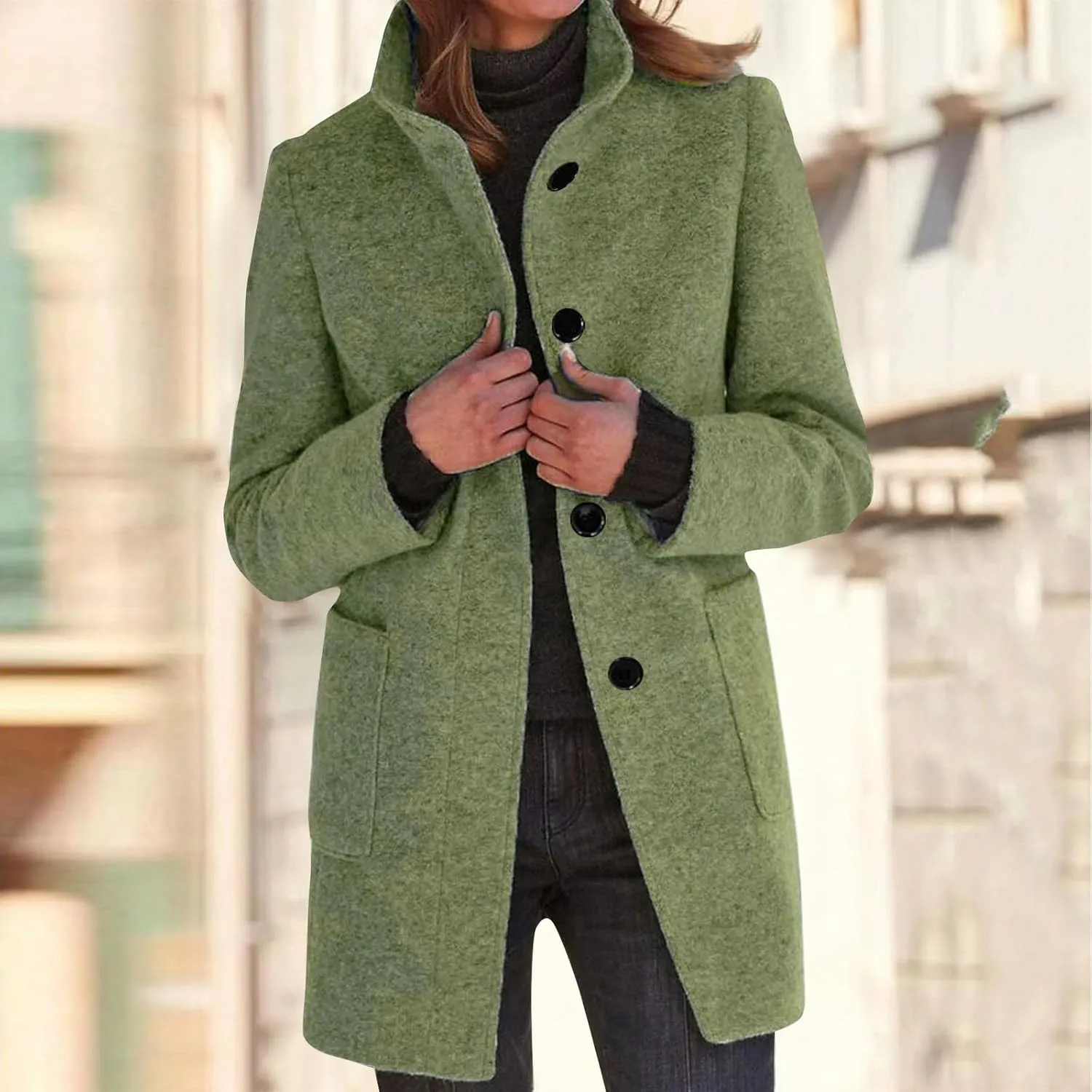 Long Wool Coats Women Thicken Wool Blend Stand Collar Single Breasted Pea Jacket Cute Winter Peacoat
