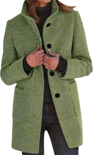 Long Wool Coats Women Thicken Wool Blend Stand Collar Single Breasted Pea Jacket Cute Winter Peacoat