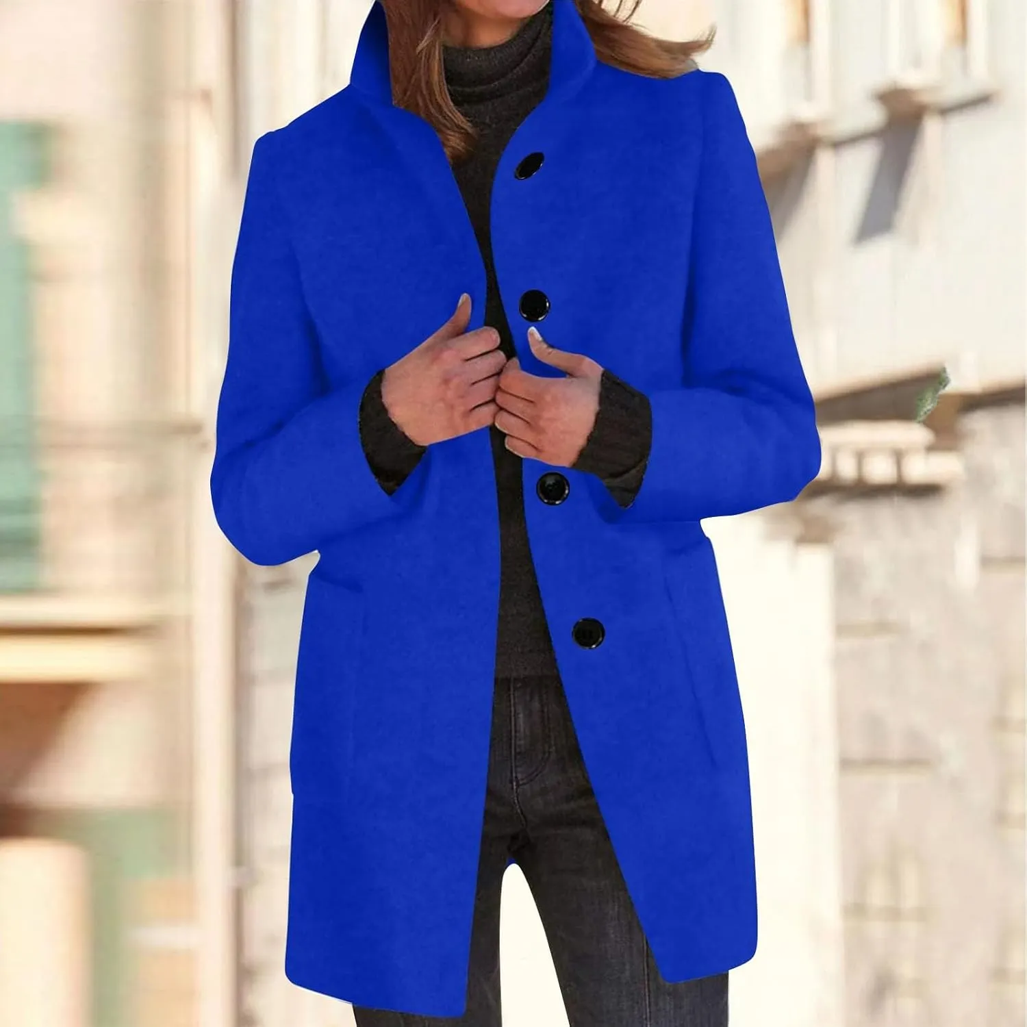 Long Wool Coats Women Thicken Wool Blend Stand Collar Single Breasted Pea Jacket Cute Winter Peacoat