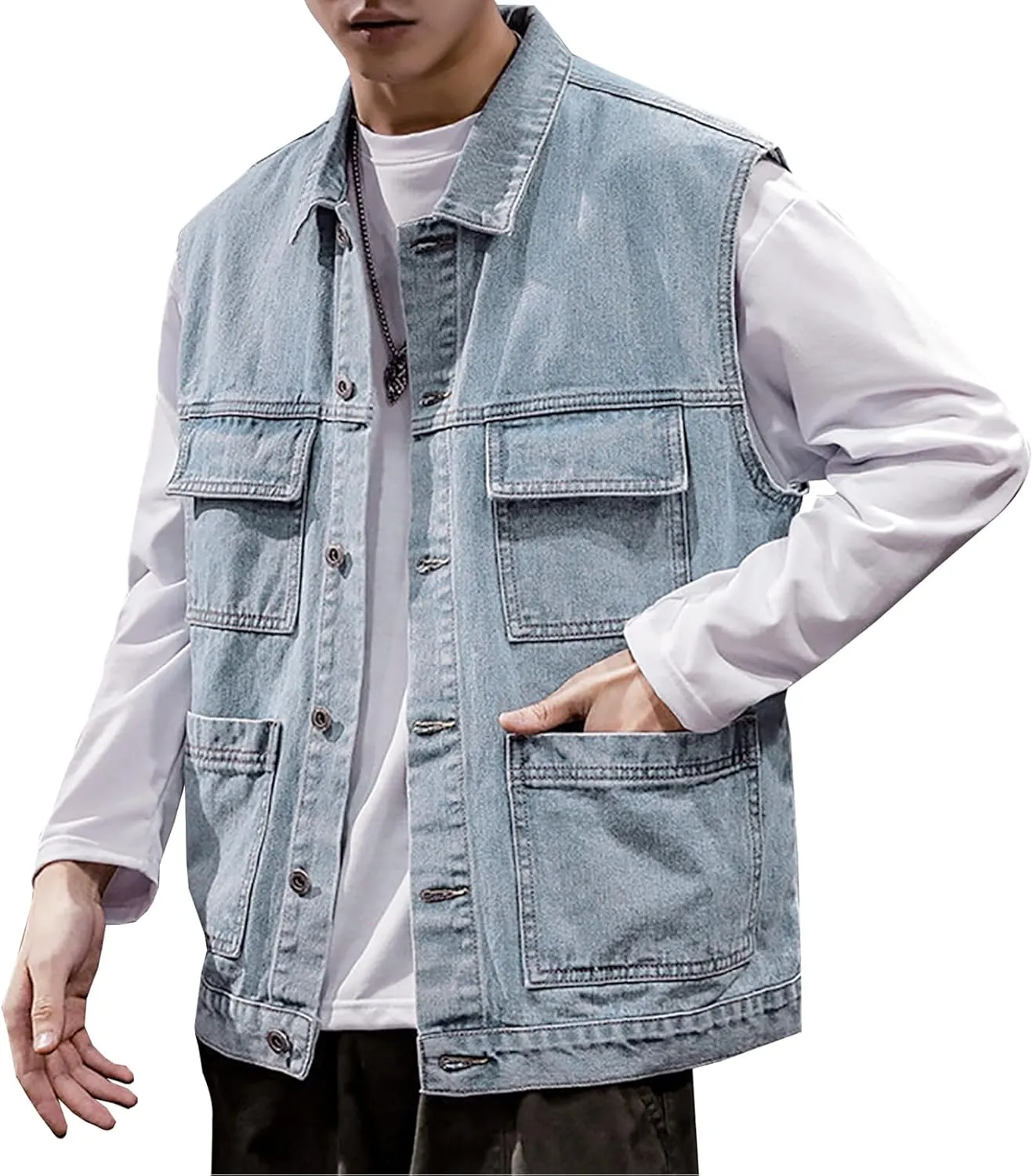 LONGBIDA Men's Denim Vest Casual Slim Fit Sleeveless Jacket Outdoor Jean Vests