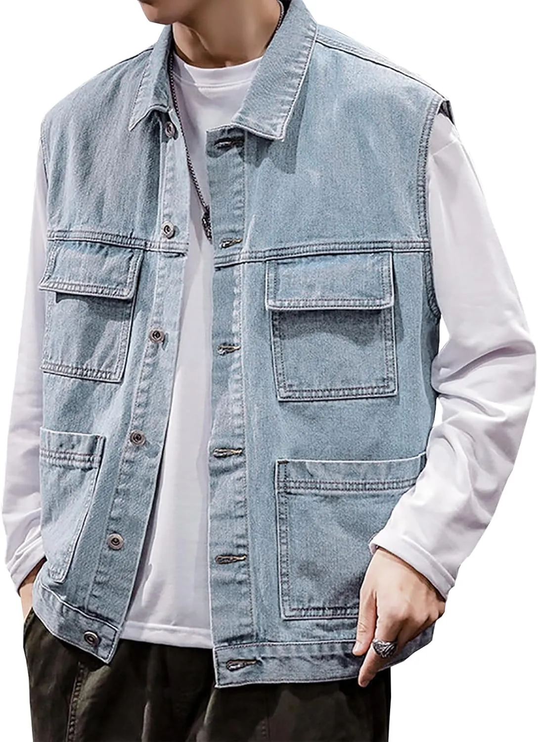 LONGBIDA Men's Denim Vest Casual Slim Fit Sleeveless Jacket Outdoor Jean Vests