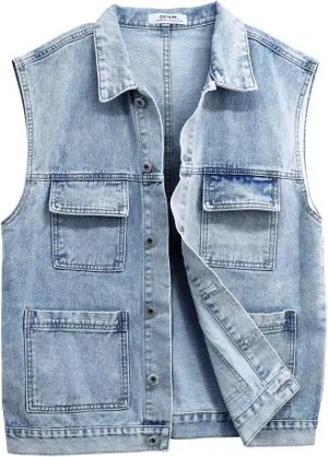 LONGBIDA Men's Denim Vest Casual Slim Fit Sleeveless Jacket Outdoor Jean Vests