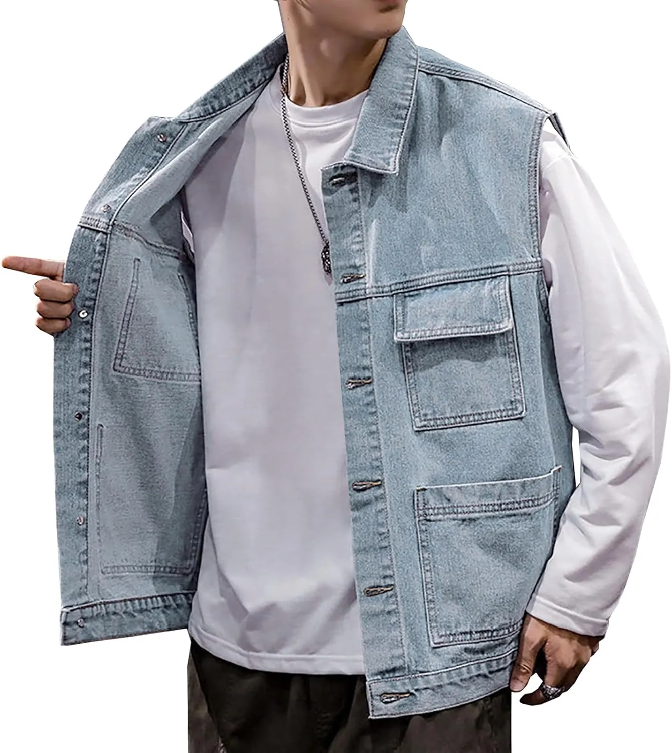 LONGBIDA Men's Denim Vest Casual Slim Fit Sleeveless Jacket Outdoor Jean Vests