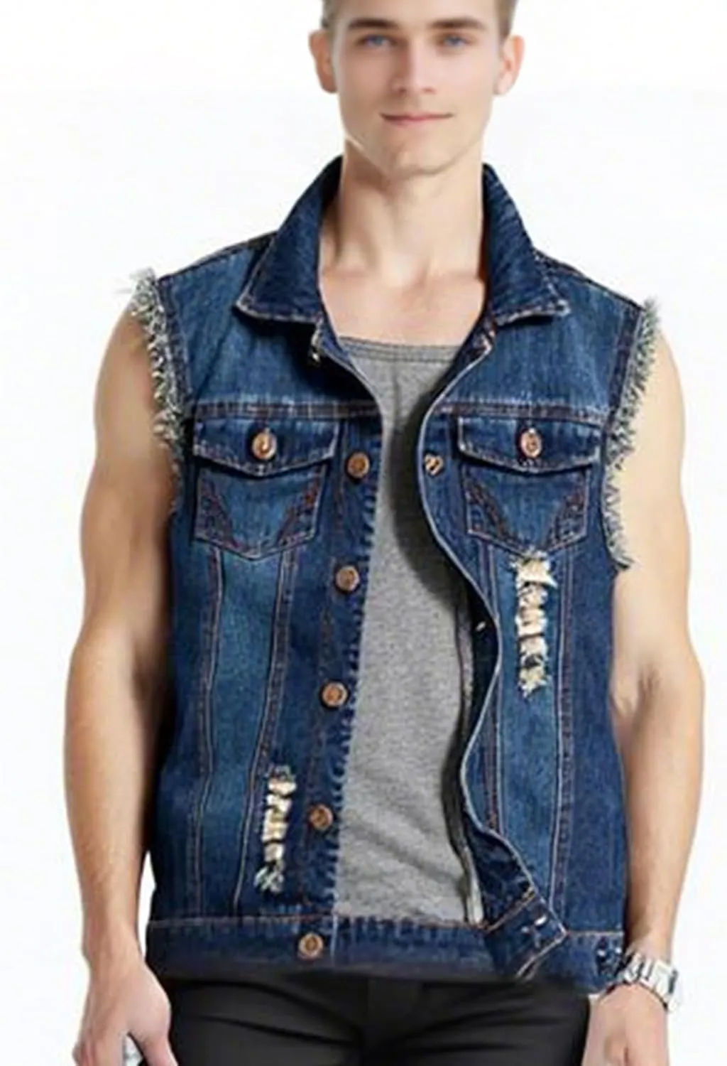 LONGBIDA Men's Denim Vest Casual Slim Fit Sleeveless Jacket Vintage Ripped Summer Jean Vests