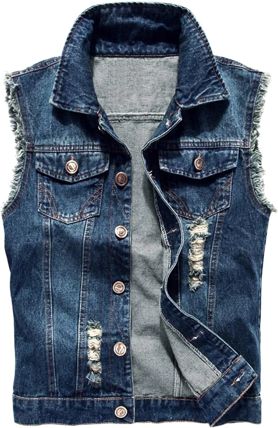 LONGBIDA Men's Denim Vest Casual Slim Fit Sleeveless Jacket Vintage Ripped Summer Jean Vests