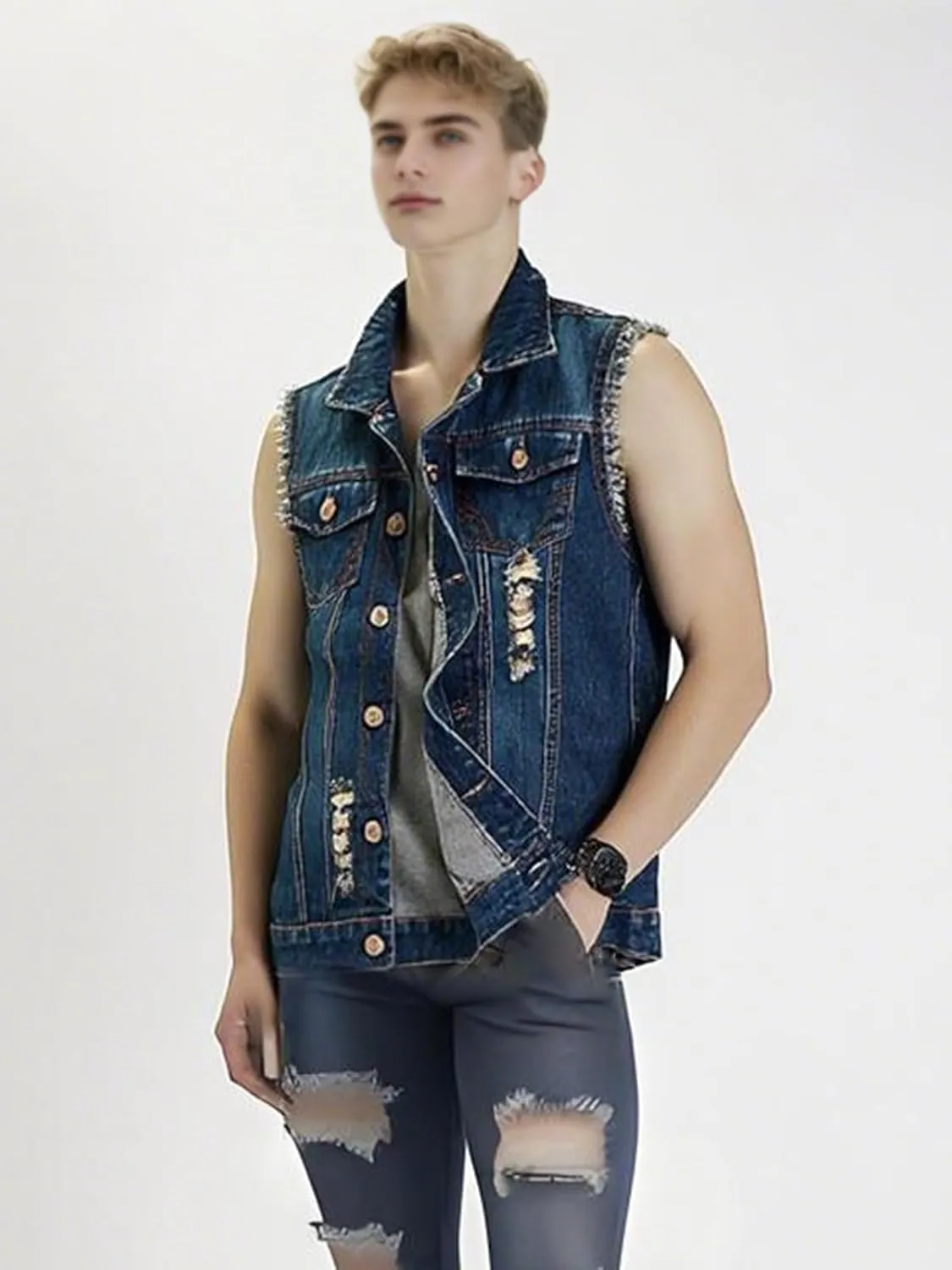 LONGBIDA Men's Denim Vest Casual Slim Fit Sleeveless Jacket Vintage Ripped Summer Jean Vests