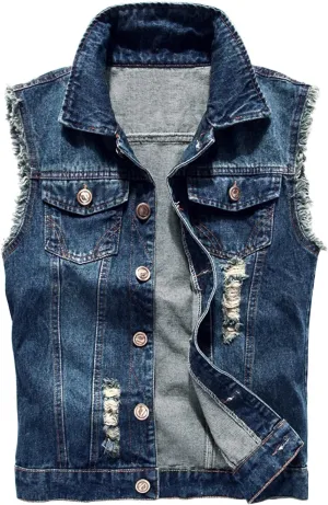LONGBIDA Men's Denim Vest Casual Slim Fit Sleeveless Jacket Vintage Ripped Summer Jean Vests