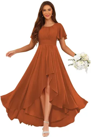 Loyeloy Women's Hi-Lo Bridesmaid Dresses with Pockets 2025 Round Neck Flutter Sleeves Aline Chiffon Formal Party Dress