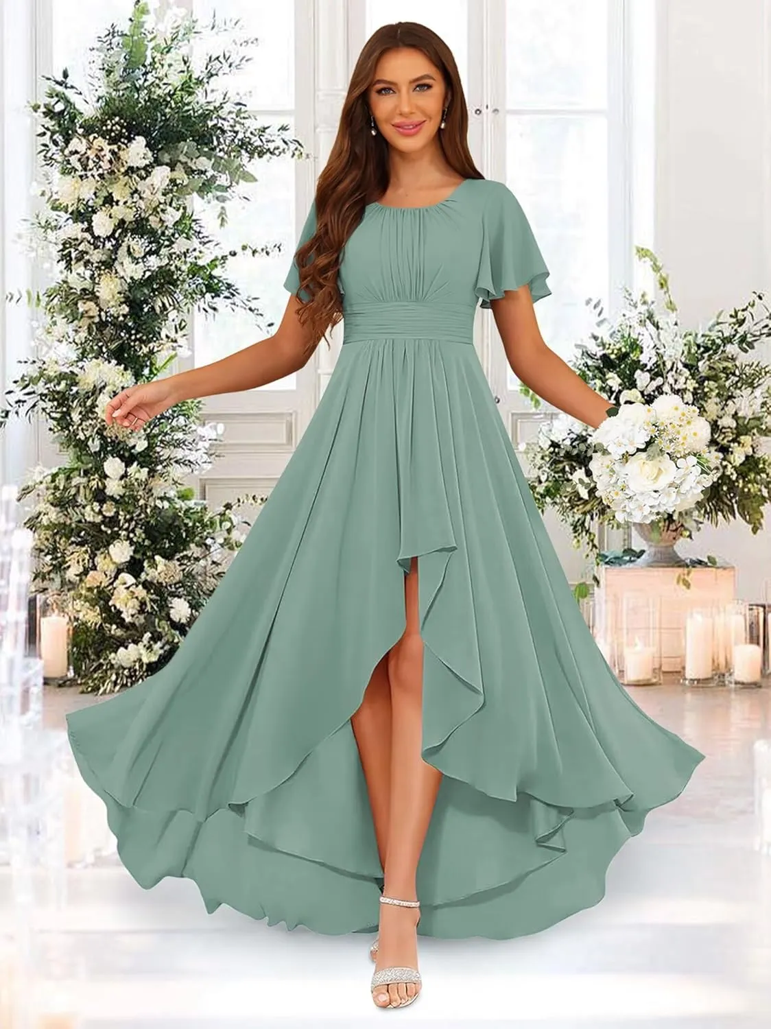 Loyeloy Women's Hi-Lo Bridesmaid Dresses with Pockets 2025 Round Neck Flutter Sleeves Aline Chiffon Formal Party Dress