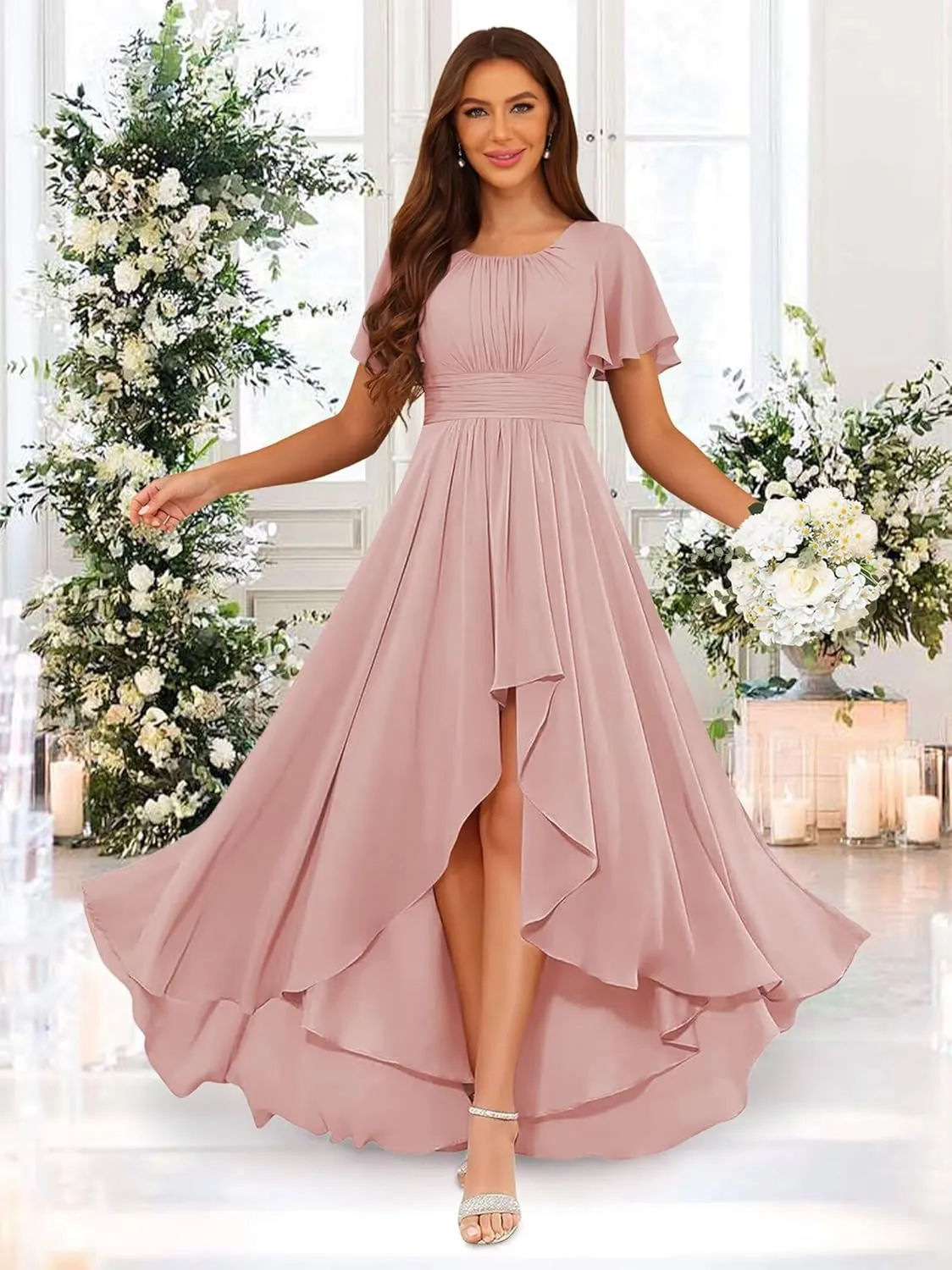Loyeloy Women's Hi-Lo Bridesmaid Dresses with Pockets 2025 Round Neck Flutter Sleeves Aline Chiffon Formal Party Dress