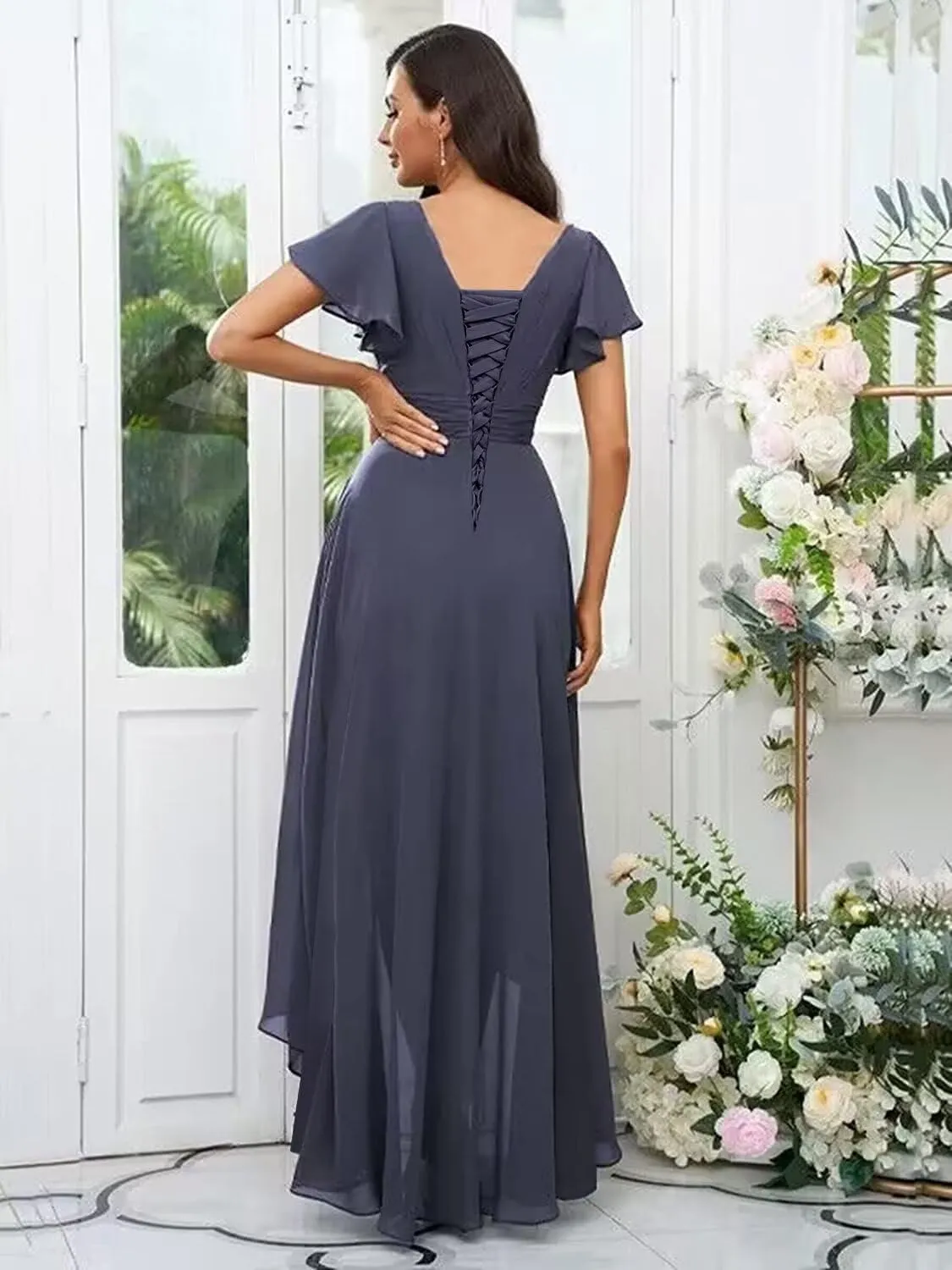 Loyeloy Women's Hi-Lo Bridesmaid Dresses with Pockets 2025 Round Neck Flutter Sleeves Aline Chiffon Formal Party Dress